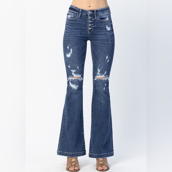 NWT Judy Blue Jeans Judith Button Fly Dark Wash Trouser Flare Size 26 | 2/3 NEW - Picture 4 of 14